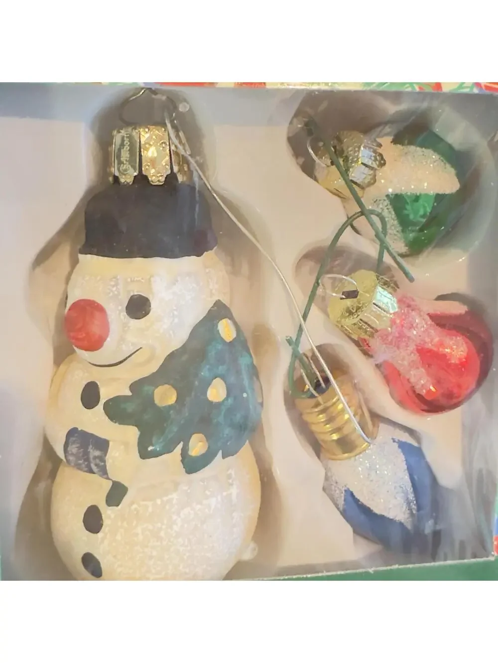 Handpainted Mini Glass Ornaments ALL IS BRITE Santa Snowman Teddy Bear Vintage